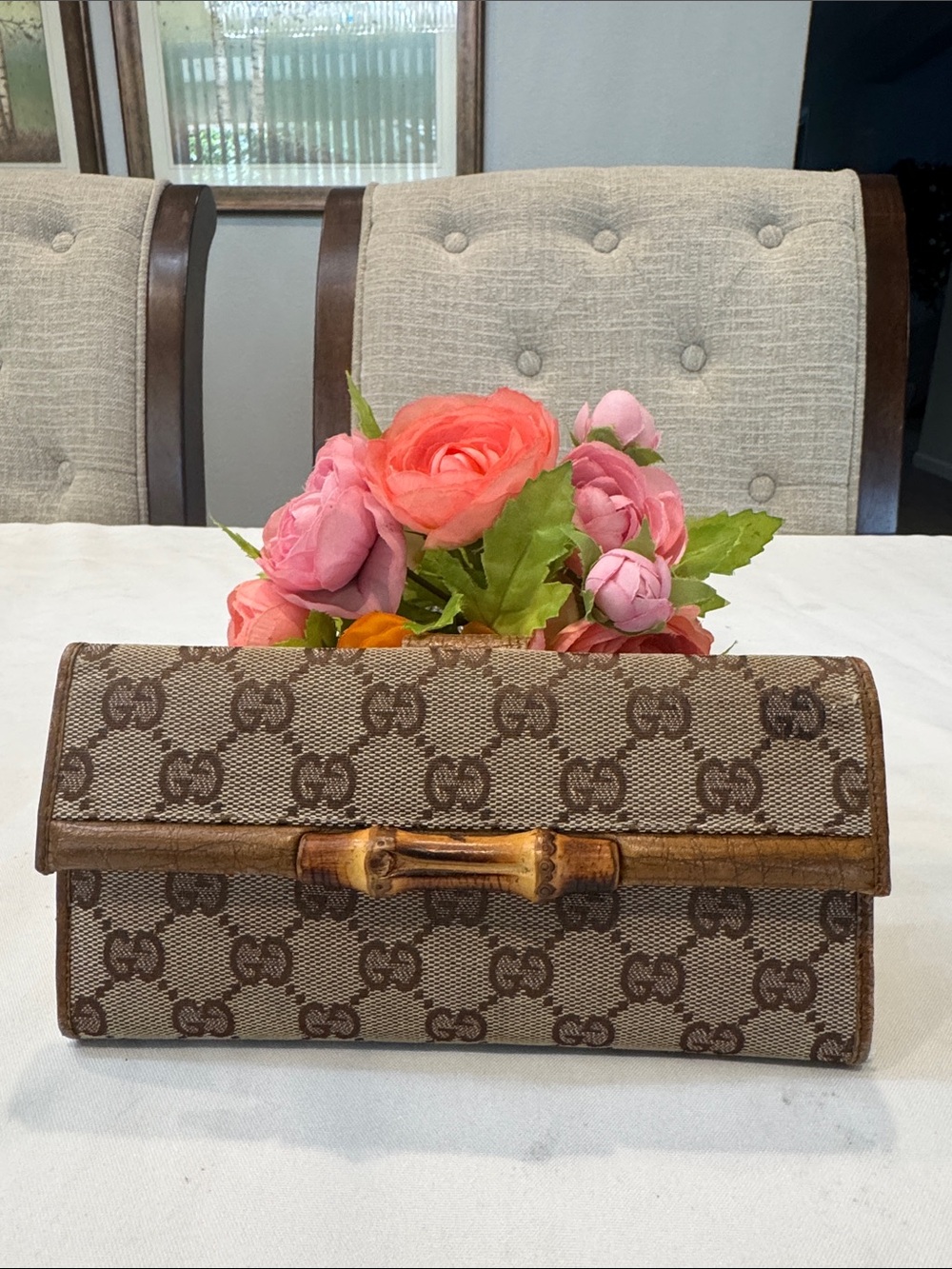Authentic Gucci Brown GG Canvas Bamboo-Accent Wallet